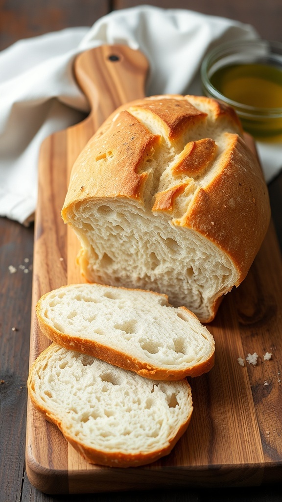 Quick and Easy Homemade French Bread Recipe Freshly baked golden brown French bread loaf on a wooden board, sliced to show soft interior.